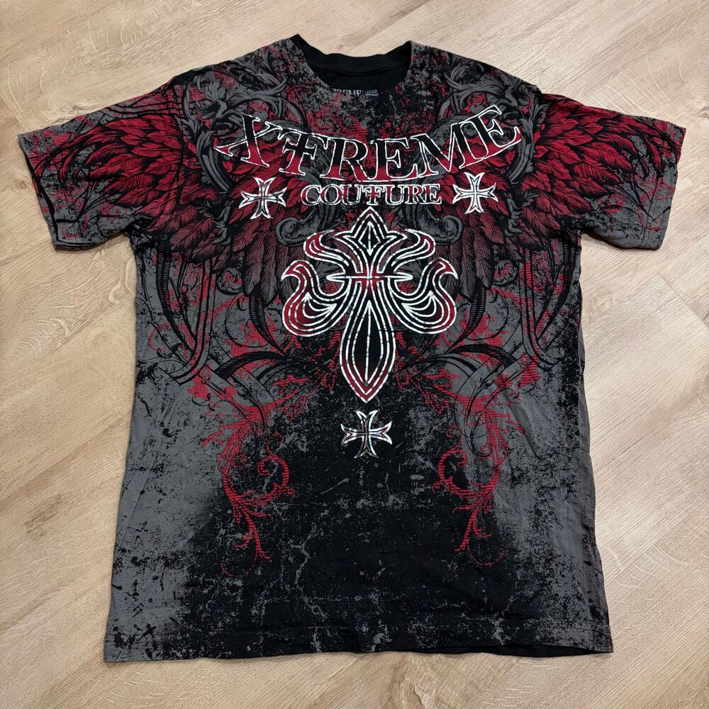 Vintage Y2K Xtreme Couture by Affliction T-Shirt Men's Large L Black Red AOP MMA